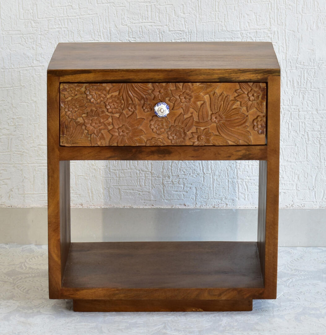 Lisa Carving Side/Bedside Table - Natural Brown - Image 3